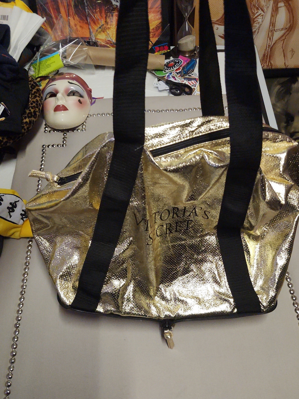 Vintage Victoria's Secret  Sport  Bag Metallic Gold  with Black Straps Medium S